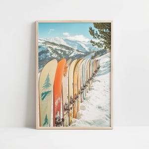 Colorful Ski Lineup Wall Art | Vibrant Snowy Mountain Decor | Printable Retro Ski Lodge Photography for Winter Enthusiasts | Skiing Decor