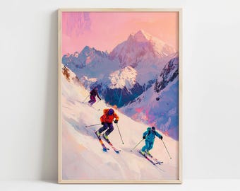 Ski Wall Art Print, Retro Alpine Oil Painting, Colorful Skier Poster, Pink Mountain Decor, Apres Ski Lodge Winter Art, Chalet Gift