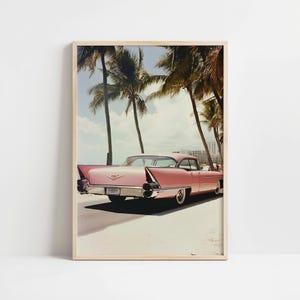 Art mural voiture vintage rose rétro, affiche Girly Palm Springs, décoration murale Californie, décoration de chambre BCBG, impression voiture de sport rétro, art mural tendance