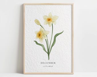 May include: A printable art print featuring a watercolor illustration of white daffodils with yellow centers. The print has the text "DECEMBER" and "narcissus" in a simple font.