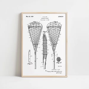 Póster de arte de pared con patente de raqueta de lacrosse original vintage, arte de pared deportivo, decoración de pared con palo de lacrosse, decoración de habitación de niños, regalo de jugador de lacrosse