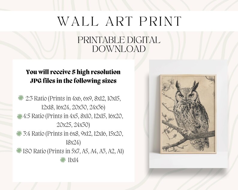 Owl Wall Art Print, Vintage Owl Illustration, Woodland Animal Decor ...
