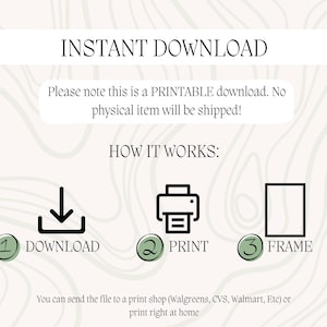 May include: An informational graphic with the text INSTANT DOWNLOAD, Please note this is a PRINTABLE download. No physical item will be shipped!, HOW IT WORKS:, 1 DOWNLOAD, 2 PRINT, 3 FRAME, and You can send the file to a print shop or print at home.