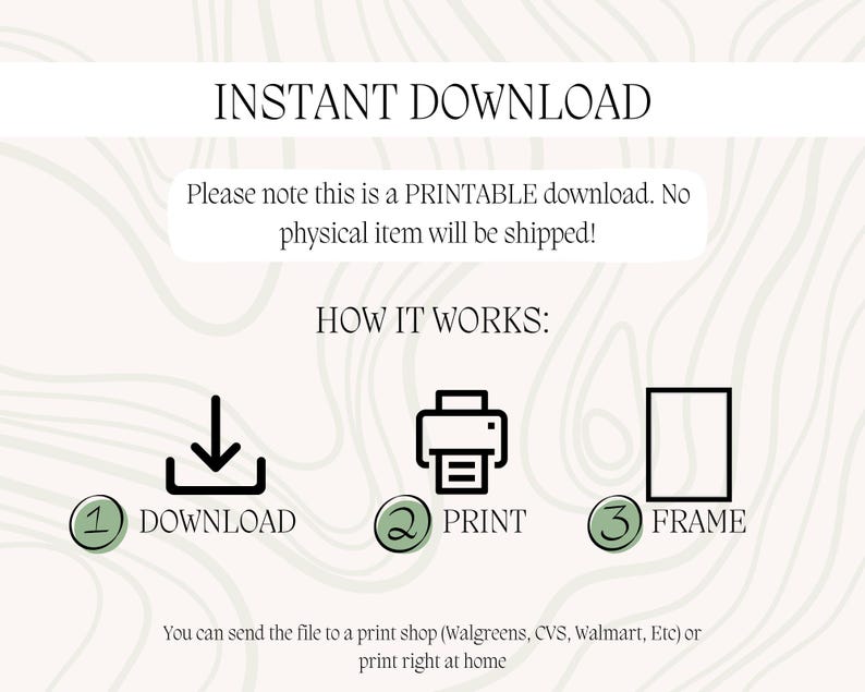 May include: An informational graphic with the text INSTANT DOWNLOAD, Please note this is a PRINTABLE download. No physical item will be shipped!, HOW IT WORKS:, 1 DOWNLOAD, 2 PRINT, 3 FRAME, and You can send the file to a print shop or print at home.