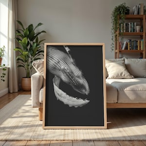 Impresión fotográfica de ballena en blanco y negro / Arte mural de ballena jorobada / Decoración moderna de animales oceánicos / Póster monocromático de vida marina