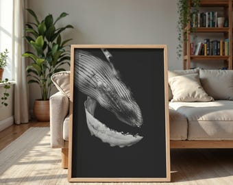 Black and White Whale Photo Print | Humpback Whale Wall Art | Modern Ocean Animal Decor | Monochrome Sea Life Poster