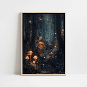 Magischer Wald Leuchtpilze Moody Dark Academia Wandkunst Malerei, Whimsigoth Dekor, Vintage Cottagecore Kunst, eklektischer Maximalist Druck
