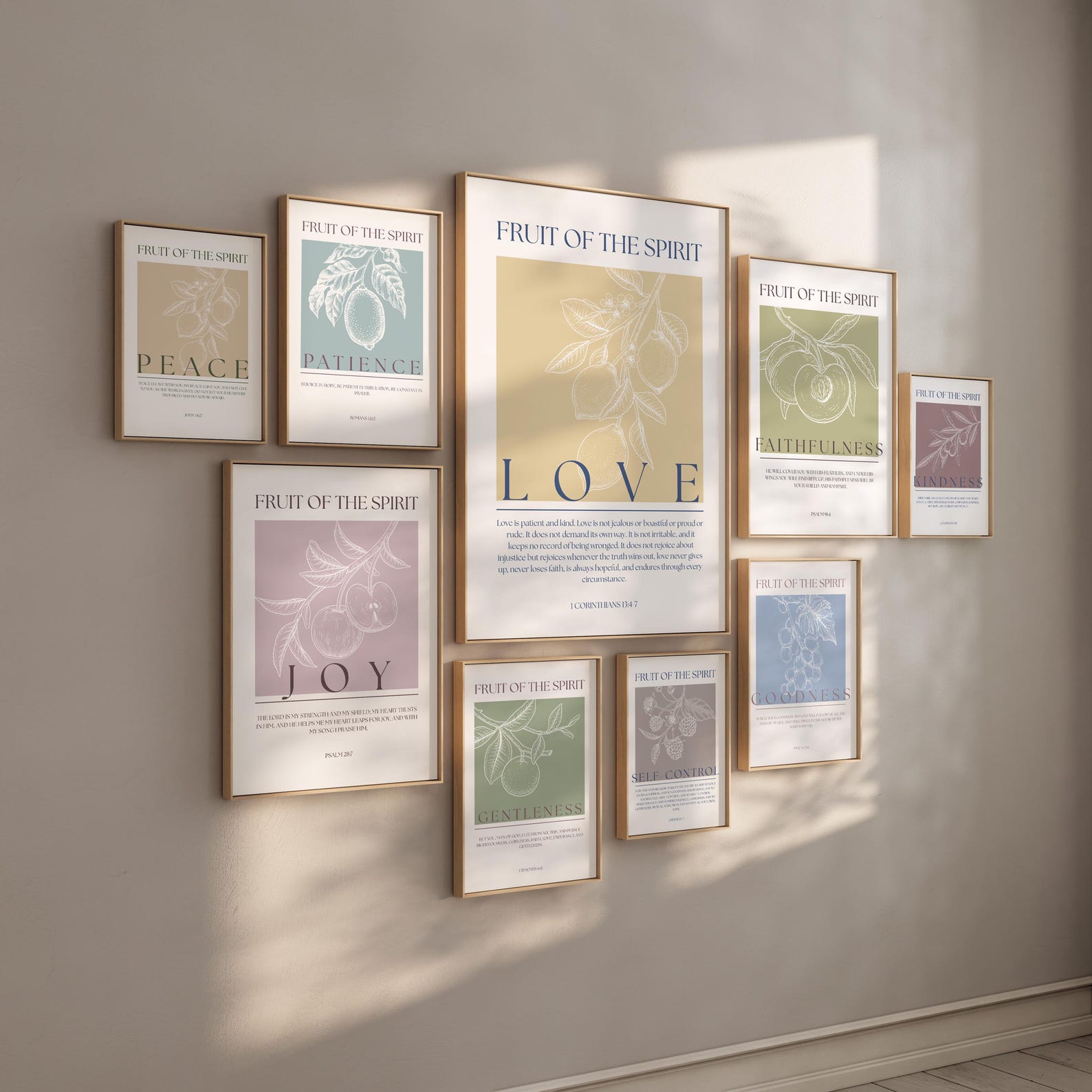 Set of 9 Fruit of the Spirit Bible Verse Wall Art | Scripture Printable ...