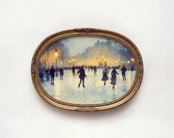 May include: An oval-shaped painting in an ornate gold frame depicting a winter scene of people ice skating on a frozen pond at dusk. Warm yellow streetlights illuminate the figures and the surrounding city buildings in a soft, hazy atmosphere.