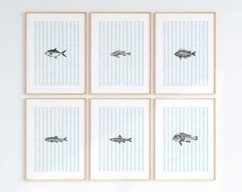 Blue Striped Fish Print Set of 6 Wall Art, Nautical Wall Decor, Vintage Style Wall Print, Cottagecore Trendy Wall Decor, Nursery Art Print