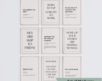 Conjunto de 20 pôsteres engraçados para escritório | Frases minimalistas para imprimir sobre trabalho | Pôsteres sarcásticos com humor sobre colegas de trabalho para decoração de home office