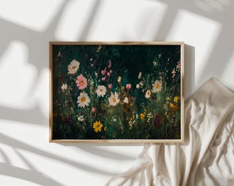 Vintage Wildflower Wall Art | Dark Floral Field Print | Moody Botanical Painting | Elegant Garden Aesthetic | Nature-Inspired Decor