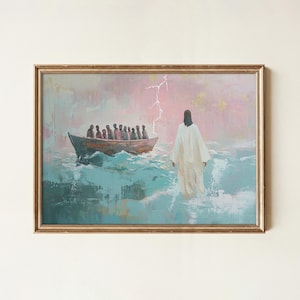 May include: An artistic painting in a gold frame depicts a biblical scene. A boat with figures sails on turquoise waves under a pink and purple sky with lightning. A figure in white robes walks on the water towards the boat.