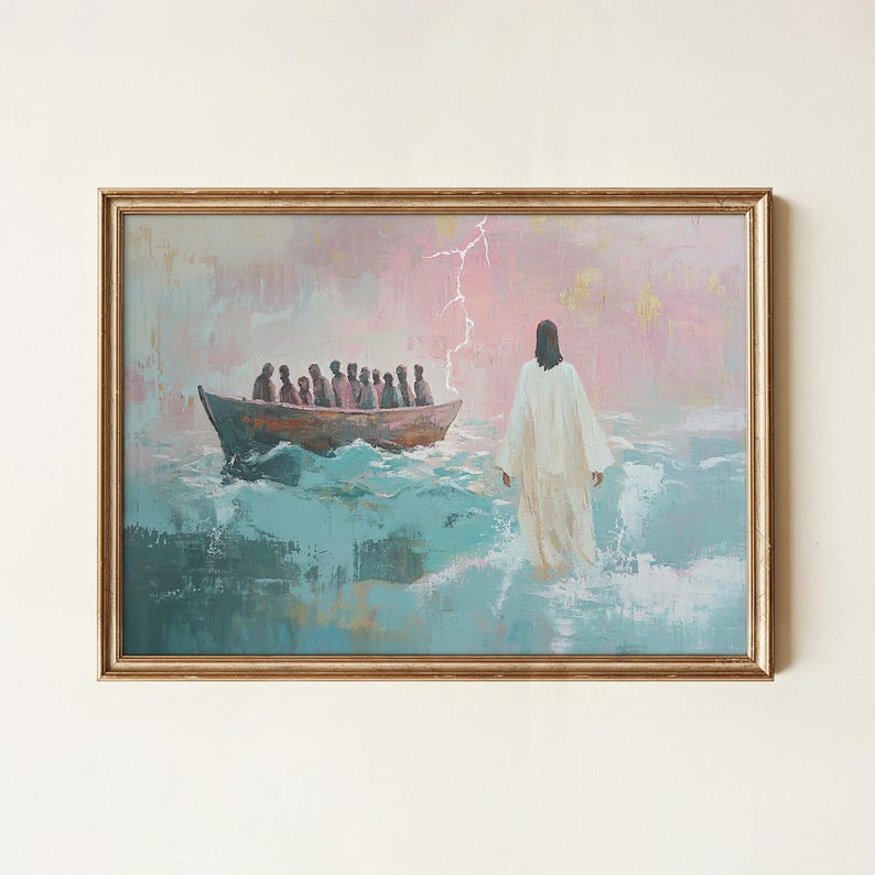May include: An artistic painting in a gold frame depicts a biblical scene. A boat with figures sails on turquoise waves under a pink and purple sky with lightning. A figure in white robes walks on the water towards the boat.