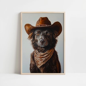 May include: A brown and black dog wearing a brown cowboy hat and a bandana with a paisley pattern. The dog is looking directly at the viewer.