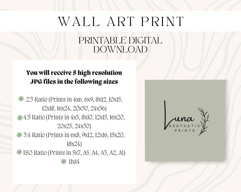 May include: A digital wall art print download featuring text that reads WALL ART PRINT and PRINTABLE DIGITAL DOWNLOAD. It lists five high-resolution JPG file ratios including 2:3, 4:5, 3:4, ISO, and 11x14. A sage green square displays the Luna Aesthetic Prints logo.