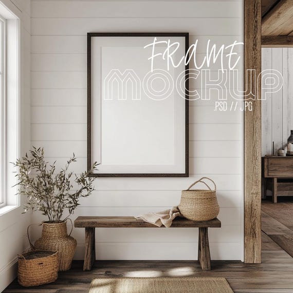 PSD JPG Vertical Frame Mockup, Farmhouse Entryway Wall Art Mockup, Interior Wooden Frame Mockup, Digital Prints and Poster Shop Mockup