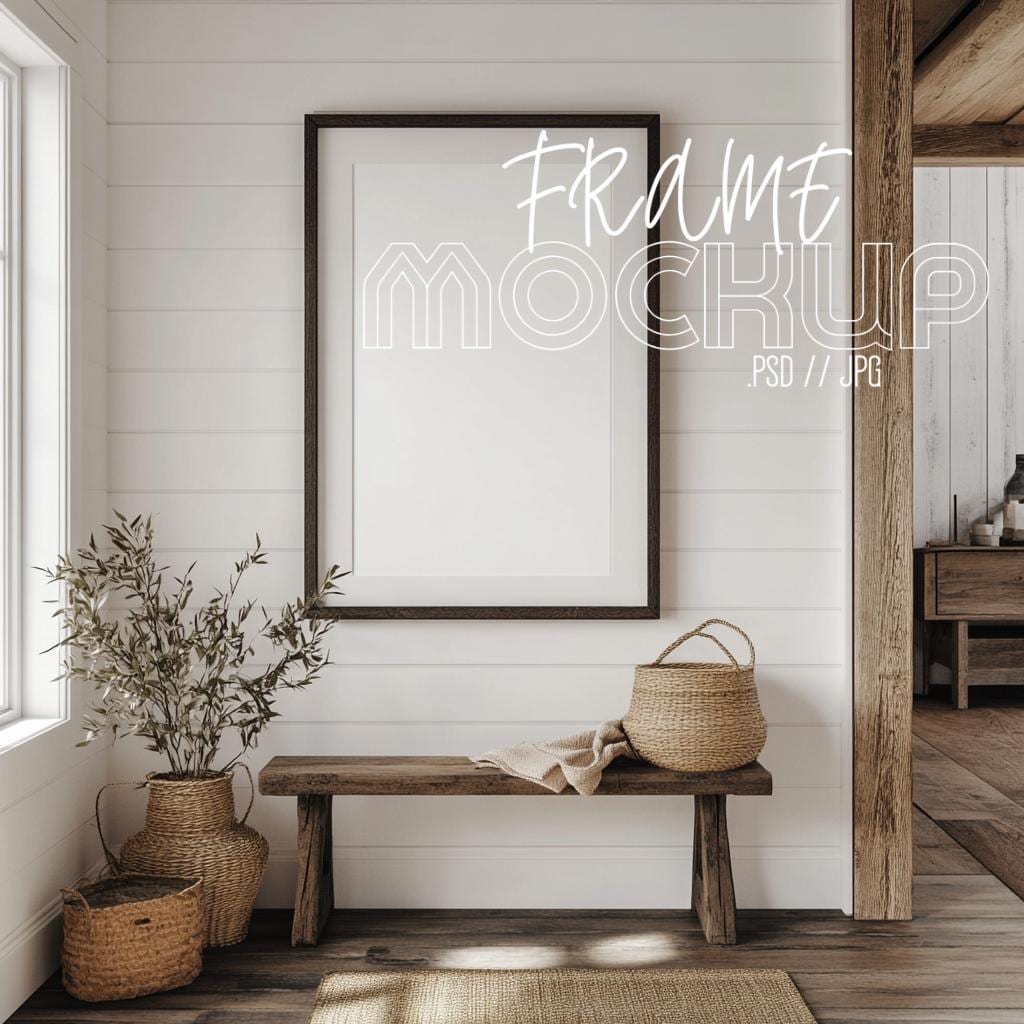 PSD JPG Vertical Frame Mockup, Farmhouse Entryway Wall Art Mockup, Interior Wooden Frame Mockup, Digital Prints and Poster Shop Mockup