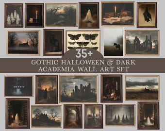 May include: A collection of framed wall art prints featuring dark, moody imagery including ghosts, gothic ruins, black cats, moths, and candlelit scenes. The set includes over 35 pieces with text reading 35+ GOTHIC HALLOWEEN & DARK ACADEMIA WALL ART SET.