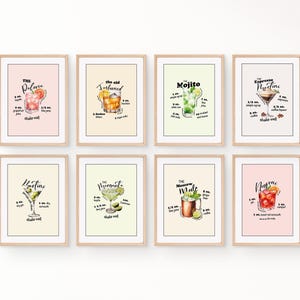 Juego de 8 impresiones de arte de pared con recetas de cócteles, decoración de carritos de bar, carteles de cócteles, espresso martini, old fashioned, margarita, negroni, moscow mule