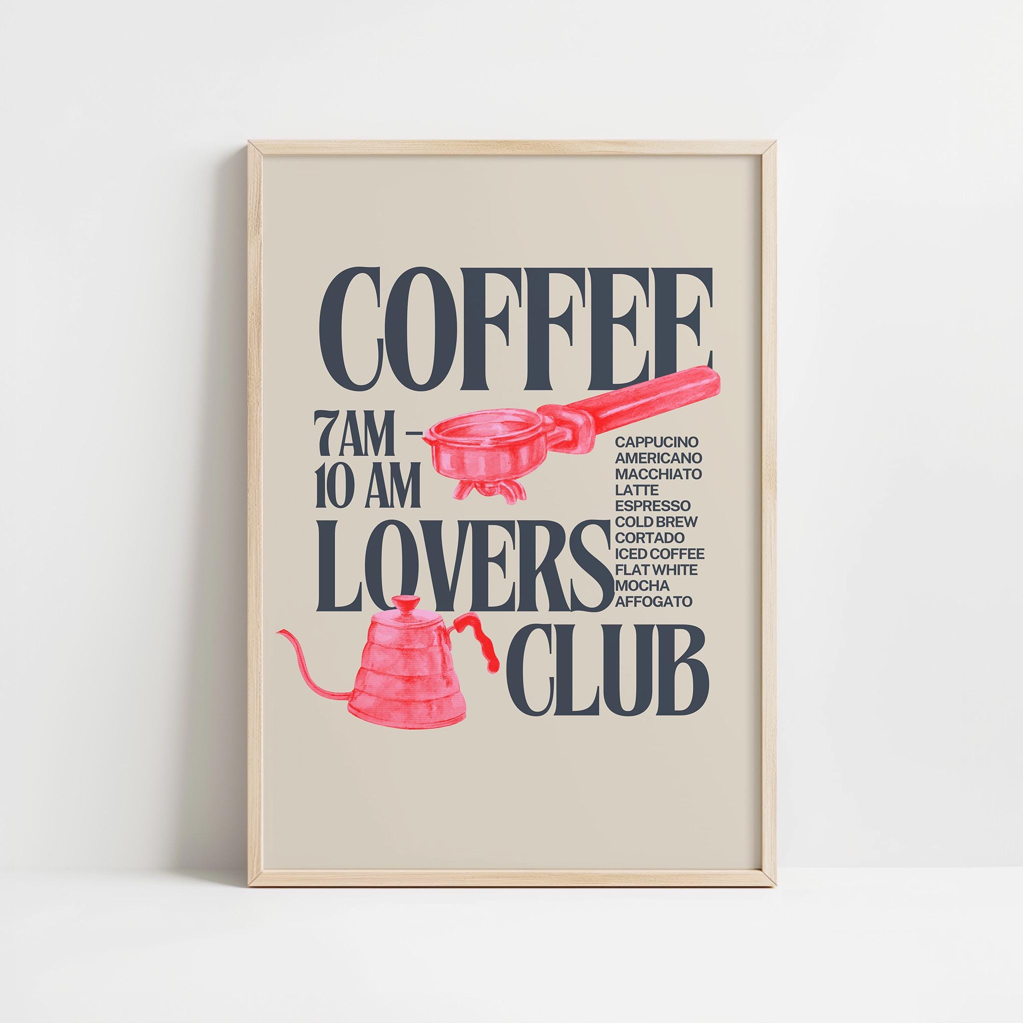 Coffee Lovers Club Wall Art Print, Cute Pink Coffee Bar Decor, Retro Coffee Illustrations Wall Art, Cappucino, Latte, Iced Coffee Wall Decor
