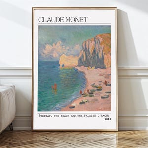 Pintura vintage de Claude Monet / Étretat, La playa y la Falaise d'Amont / Arte impresionista costero / Bellas artes imprimibles