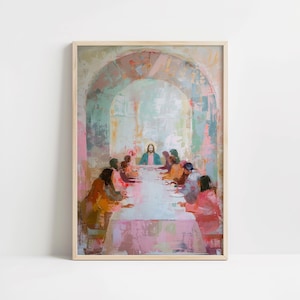 May include: A framed art print depicting a colorful, impressionistic interpretation of the Last Supper. The painting features a long table with figures seated around it, set beneath an archway. The color palette includes pinks, blues, and oranges.