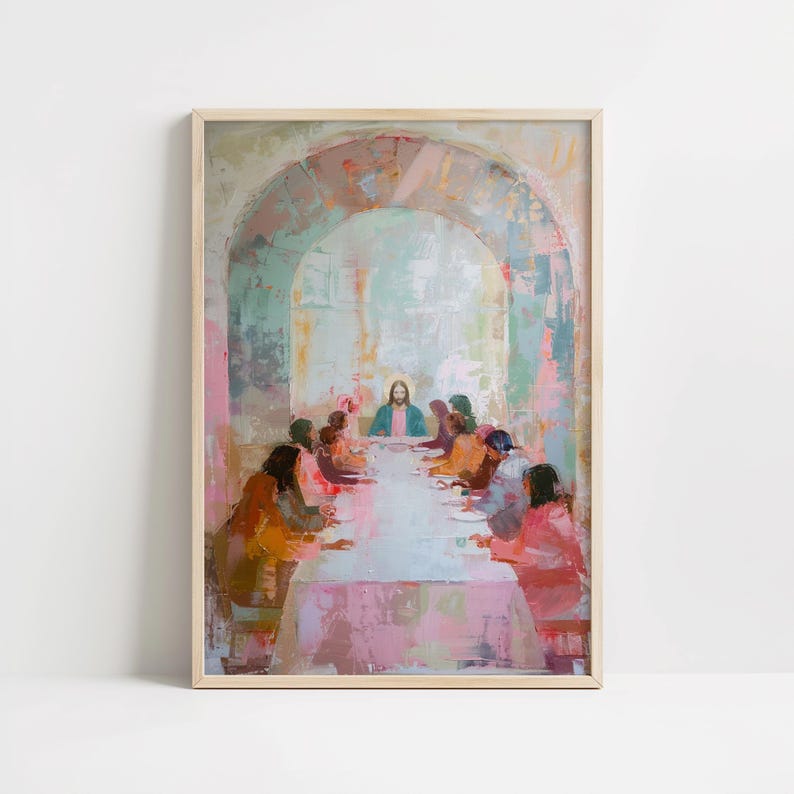 May include: A framed art print depicting a colorful, impressionistic interpretation of the Last Supper. The painting features a long table with figures seated around it, set beneath an archway. The color palette includes pinks, blues, and oranges.