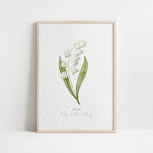Aquarel mei lelietje-van-dalen geboortemaand bloem vintage bloemsierkunst, minimalistisch interieur, botanische illustratie muurposter
