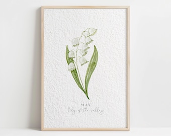 Watercolor May Lily of the Valley Birth Month Flower Vintage Floral Art Print, Minimalist Home Decor, Botanical Illustration Wall Poster