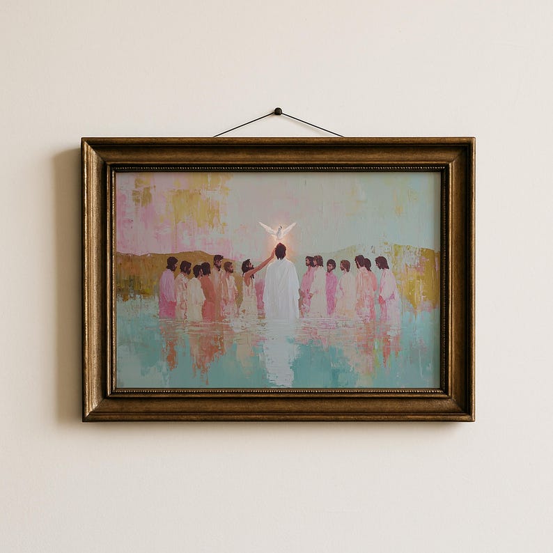 May include: Framed artwork depicting a religious scene with figures in white robes in water. A dove hovers above a central figure. The painting has a gold-colored frame and is hanging on a white wall.