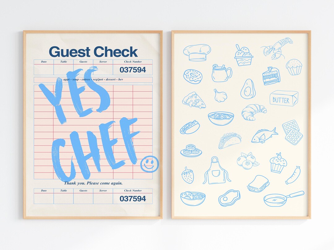 set of 100 kitchen prints, kitchen wall art, preppy... Set of 2 Kitchen Yes Chef Food Illustrations Wall Art Decor, Trendy ...