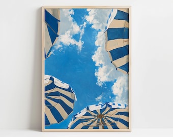 Blue Striped Beach Umbrella Digital Art Print | Coastal Summer Wall Decor | Instant Download Beach Scene Poster | Nautical Art