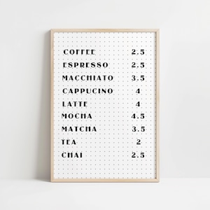 Arte de parede para impressão de cardápio de café moderno | Download digital da lista de preços de cafeterias | Decoração minimalista com letreiro de cafeteria em painel perfurado | Arte de parede para cozinha