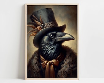 Victorian Style Raven Wall Art Print, Dark Cottagecore Poster, Victorian Renaissance Animal Vintage Art, Animal Head Human Body, Altered Art