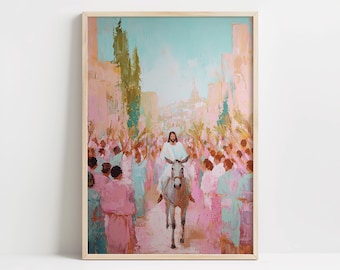 Palm Sunday Wall Art Print, Jesus Riding Donkey Painting, Easter Christian Wall Decor, Biblical Jesus Jerusalem Artwork Printable