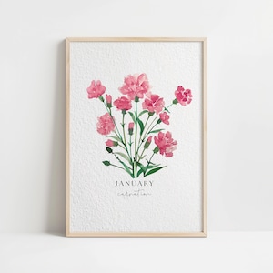 Watercolor January Carnation Birth Month Flower Vintage Floral Art Print, Minimalist Home Decor, Botanical Illustration Wall Poster