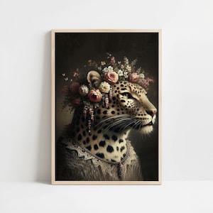 Victorian Style Cheetah Wall Print, Dark Cottagecore Poster, Victorian Renaissance Animal Vintage Art, Animal Head Human Body, Altered Art