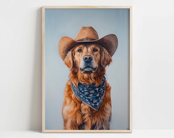 Cowboy Golden Retriever Wall Art | Digital Rustic Dog Print | Western Dog Portrait | Golden Retriever Poster for Farmhouse or Western Decor