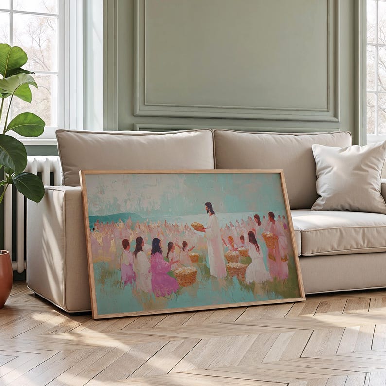 May include: A framed art print depicts a religious scene with figures in white and pink robes, some holding baskets. The artwork has a light blue and green background, and is displayed on a beige sofa in a well-lit room.