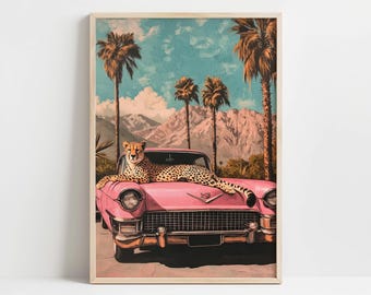 Retro Vintage Cheetah Wall Art, Girly Palm Springs Poster, California Wall Decor, Preppy Room Decor, Funky Leopard Print, Trendy Wall Art