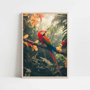 Puede incluir: Un guacamayo rojo y azul vibrante posado en una rama en un exuberante entorno de selva tropical. Las plumas del ave son brillantes y coloridas, y el fondo está lleno de hojas verdes y flores.