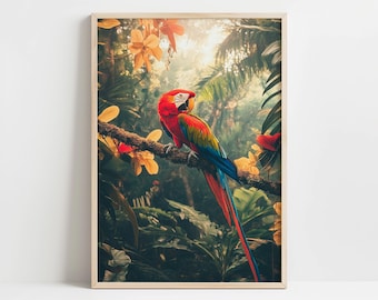 Tropical Parrot Wall Art | Vibrant Jungle Digital Print | Rainforest Macaw Decor for Nature Lovers | Instant Download Exotic Home Artwork