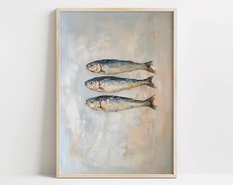 Vintage Sardines Wall Art | Coastal Kitchen Print | Rustic Fish Painting | Nautical Home Decor Printable