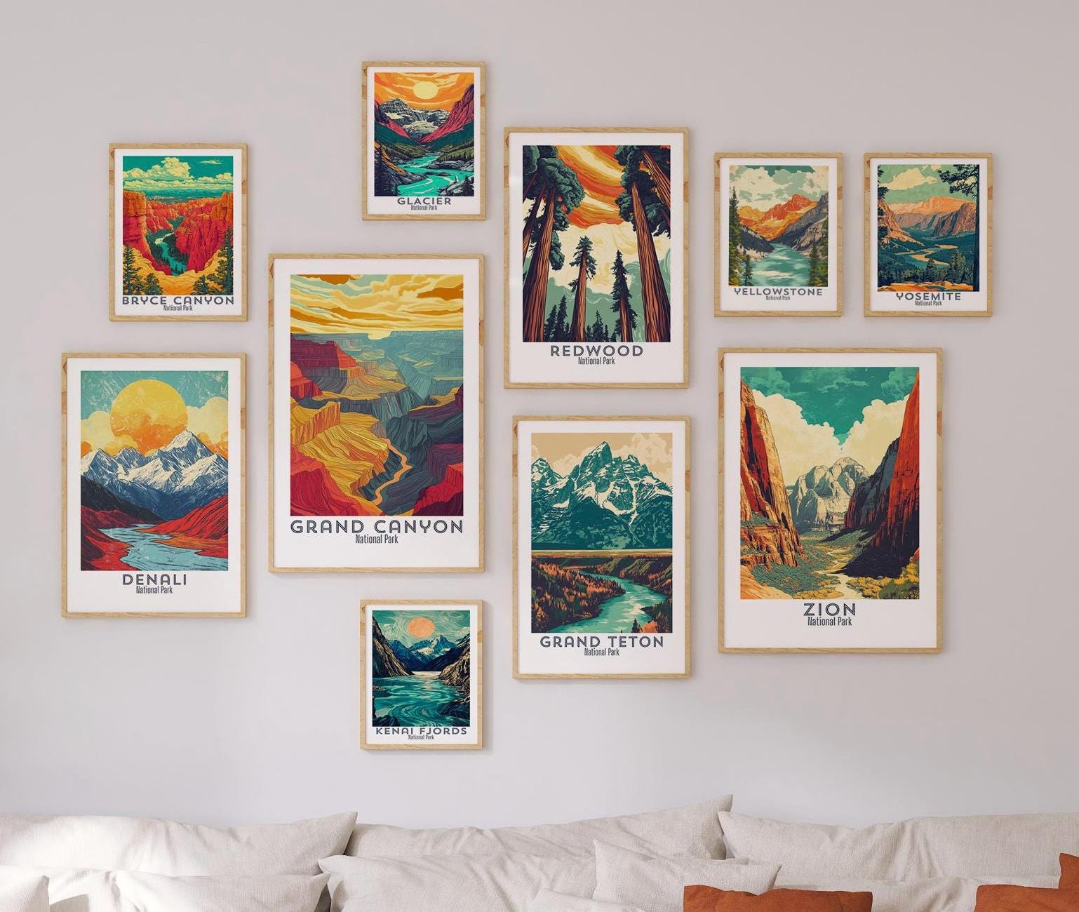 Set of 10 National Park Vintage Retro Travel Wall Art Poster, National Park Art Print, Scenic Landscape Wall Decor, Hiking Decor