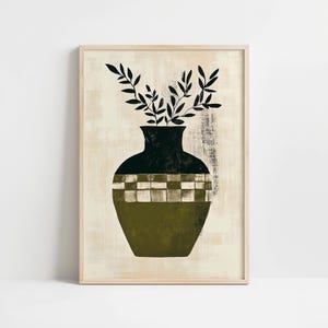 Impresión artística de pared con jarrón verde oliva moderno de mediados de siglo, decoración de pared rústica, impresión artística vintage, póster de arte de pared con jarrón griego antiguo