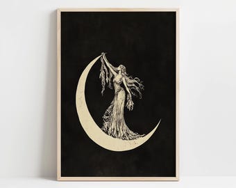 Art Nouveau Moon Goddess Digital Art | Mystical Gothic Bohemian Wall Print | Witchy Celestial Home Decor | Instant Download Poster