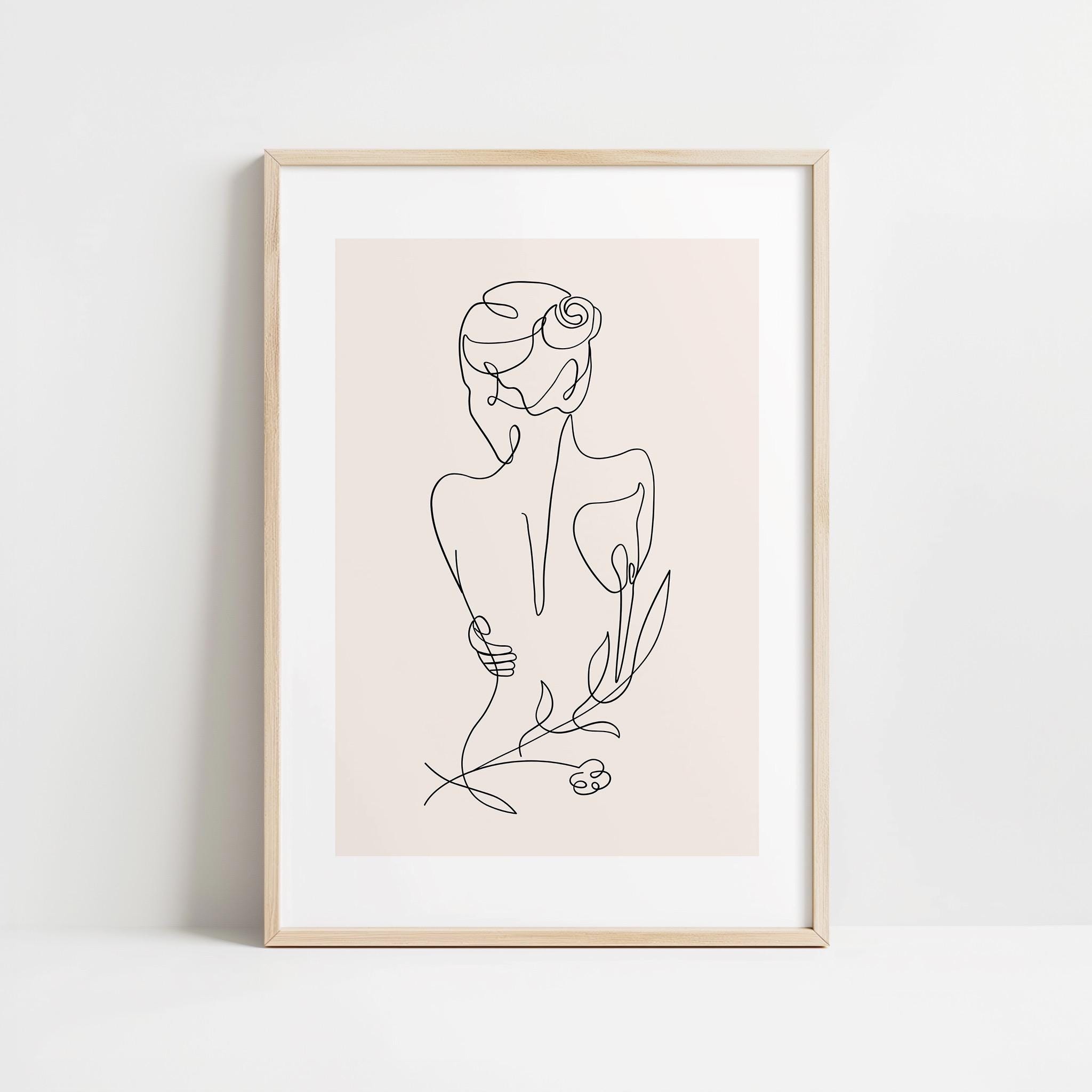 Minimalist Woman Line Art Print with Blush Background | Feminine Figure One Line Drawing | Soft Modern Wall Art for Bedroom or Office