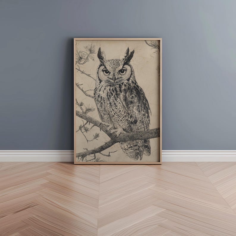Owl Wall Art Print, Vintage Owl Illustration, Woodland Animal Decor ...