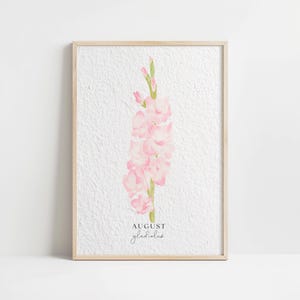 Impresión artística floral vintage con acuarela de gladiolo, mes de nacimiento de agosto, decoración minimalista para el hogar, póster de pared con ilustración botánica